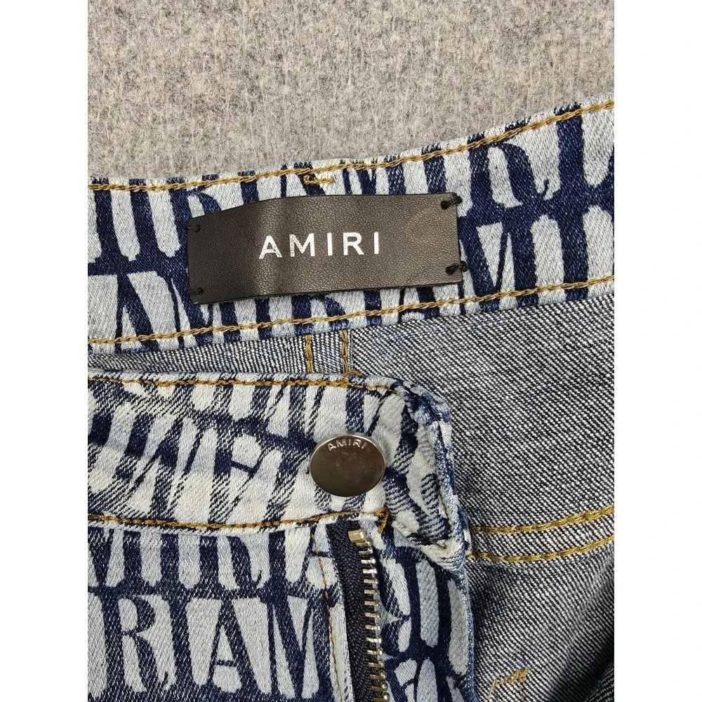 Amiri Jeans Mens 32x32 Blue Medium Wash Allover Logo Skinny Slim Denim Pants